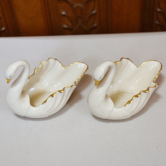 Vintage Set of (2) Lenox Gold Trim Swans Porcelain Trinket Candy Dish Figurine - Picture 1 of 12